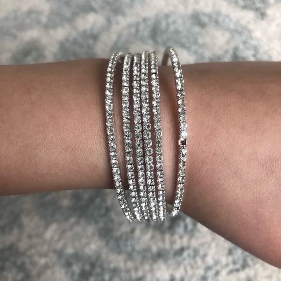 Rhinestone studded bangle bracelet silver sparkly cute chic fun Diamond - Picture 2 of 6